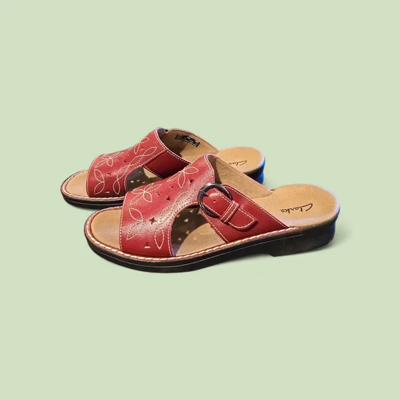 Clarks Womens Shoes 11M Floral Leather Slide Sandal Open Toe Slip On Casual - Picture 1 of 5
